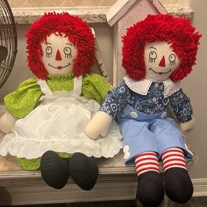 Raggedy Ann and Andy Homemade Cloth and Embroidered Dolls with Rare Green eyes